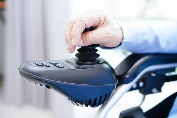 Asian Elderly Woman Disability Patient Sitting Electric Wheelchair Park Medical — Stock Photo, Image