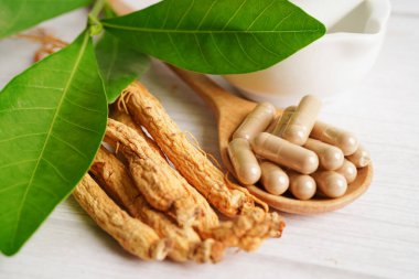 Ginseng kökleri ve yeşil yaprak, sağlıklı yiyecekler..