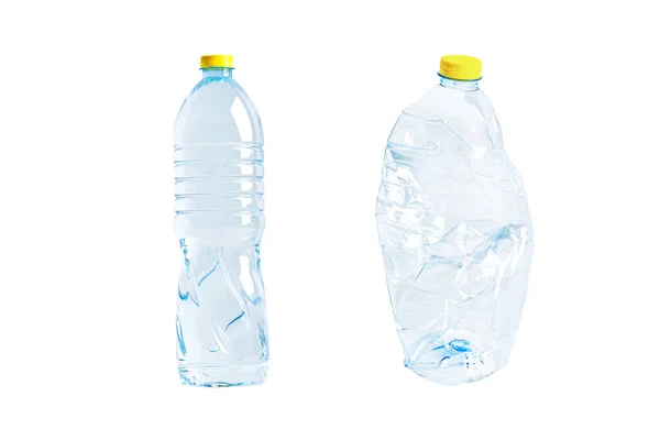 Garrafa Água Plástico Com Crumpled Vazio Usado Isolado Fundo Branco — Fotografia de Stock