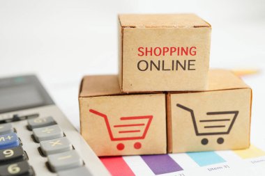 Çevrimiçi alışveriş, hesap makinesinde alışveriş arabası kutusu, ithalat ihracat, finans ticareti.