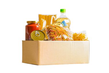 Gönüllülere yardım etmek için bağış kutusundaki yiyecekler..