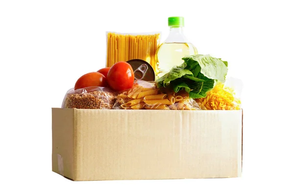 Denrées Alimentaires Dans Une Boîte Dons Isolée Sur Fond Blanc — Photo