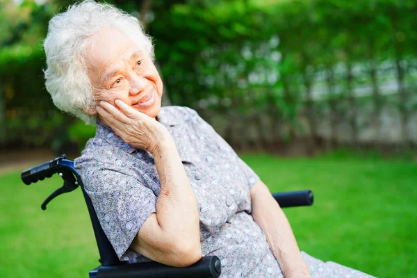 Asian elderly woman disability patient sitting on wheelchair in park, medical concept.