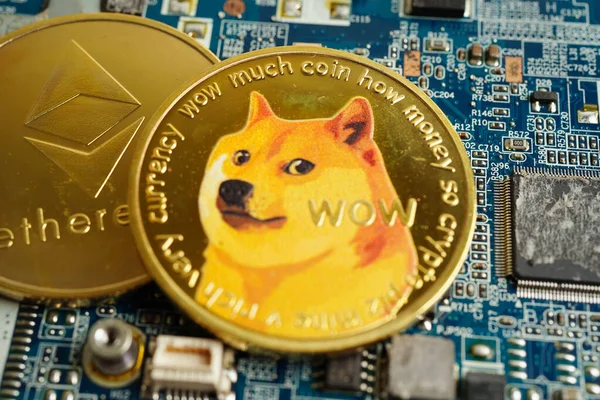 Bitcoin Dourado Computador Placa Principal Circuito Para Negócios Comerciais Moeda — Fotografia de Stock