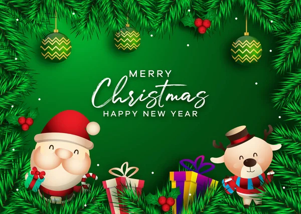 Noel arkaplanı gerçekçi dekorasyonlu Noel Baba ve geyik