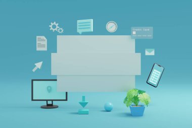 Metin alanı olan 3d web geliştirme illüstrasyonu. Sosyal medya postası tasarımı. Isometric 3d ağ nesneleri oluşturur.