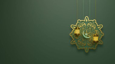 3D modern İslami bayram afişi, Ramazan ayı sosyal postası ve Kurban Bayramı. 3D yorumlama Fener ve mandala.