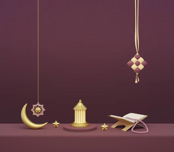 Ramadan Kareem Post Design Renderizado Lua Crescente Lanterna Alcorão Mesa — Fotografia de Stock