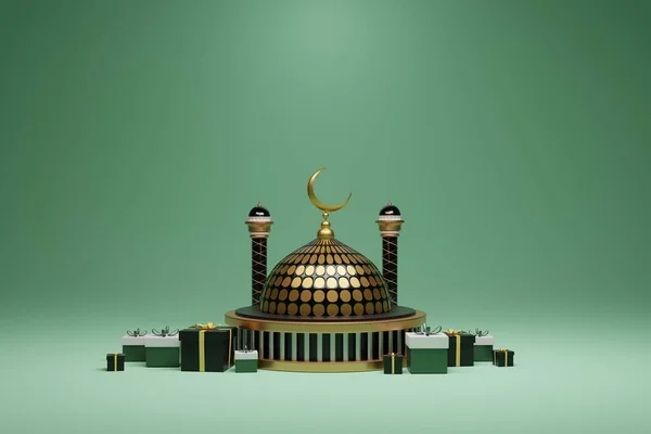 Gyönyörű Iszlám Banner Csodálatos Renderelés Mecset Fekete Háttér Arany Kupola — Stock Fotó