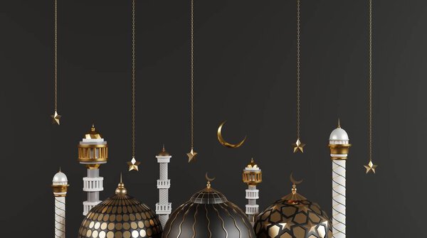 Красивый исламский баннер, удивительный 3D рендеринг мечети на черном фоне.