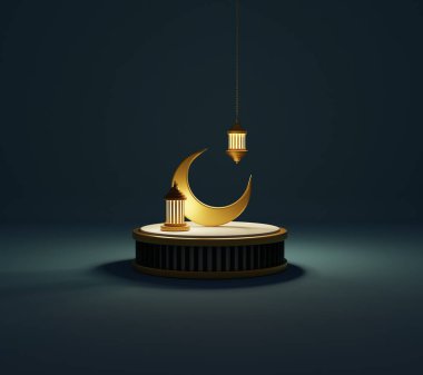 3D Ramazan posteri ve podyumda ay resmi