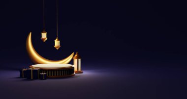 3D sunucu İslami podyum ve ay ile ürün satışı afişi