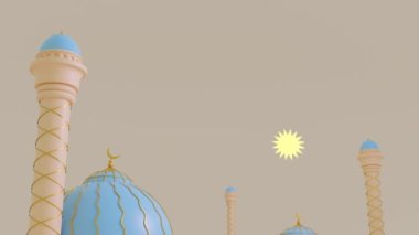 Mübarek Bayramın kutlu olsun. 3 boyutlu güzel bir camii olan video dilek mesajı. Gün batımından sonra gökyüzünde yükselen yeni bayram ayı. Camide iki minare ve bir sürü kubbe var..