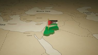 3d map of Jordan, Celebrate happy Independence day. Social Media post template. National flag flying on Jordan map on world map, 3d rendered background