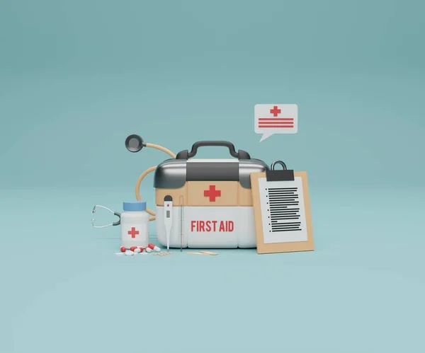 Realistic 3d rendering medical objects set tools and equipment, 3d illustration of first aid box, Medicine capsules, Medical prescription, Syringe injection, stethoscopes, heartbeat.
