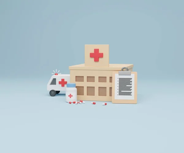 Emergency isometric with Medical equipment 3d rendering, medicine healthcare drugs and pills isometric.