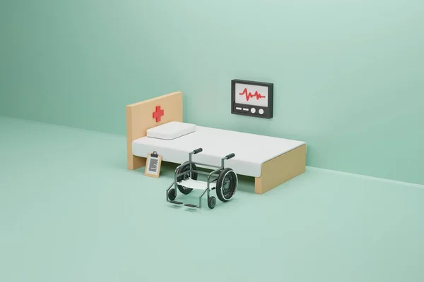 The Medical bed with a wheelchair and a pulse meter, 3d rendering medical Concept.
