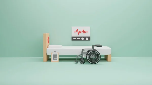 The Medical bed with a wheelchair and a pulse meter, 3d rendering medical Concept.