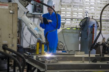 Çalışmak için robotları kullanan endüstriyel fabrikalar. Dijital üretim operasyonu. Sektör 4.0
