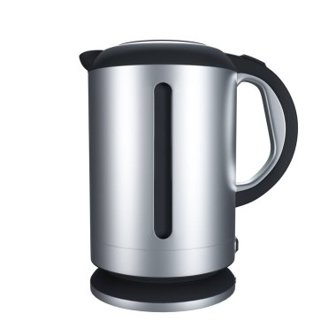 Beyaz arka planda gümüş elektrikli su ısıtıcısı. Mutfak malzemeleri.