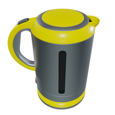 Beyaz arka planda sarı elektrikli çaydanlık. Mutfak malzemeleri.