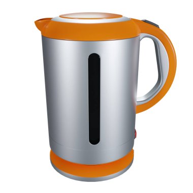 Beyaz arka planda turuncu elektrikli çaydanlık. Mutfak malzemeleri.