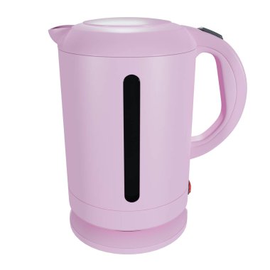 Beyaz arka planda pembe elektrikli çaydanlık. Mutfak malzemeleri.