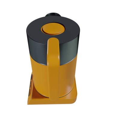 Beyaz arka planda sarı elektrikli çaydanlık. Mutfak malzemeleri.