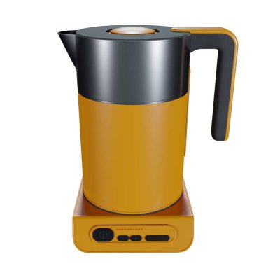 Beyaz arka planda sarı elektrikli çaydanlık. Mutfak malzemeleri.