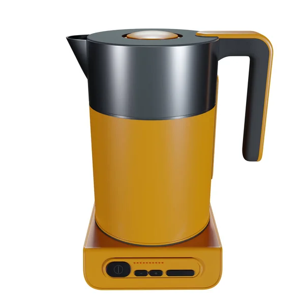 Beyaz arka planda sarı elektrikli çaydanlık. Mutfak malzemeleri.