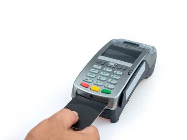 Kredi kartı ödeme terminali beyaz arkaplan, kredi kartı okuyucu, finans konsepti.