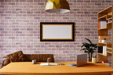 Evde çalışma odası. Çalışma odasındaki tuğla duvara resim çerçevesini düzenle.
