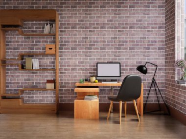 Ahşap masasında bilgisayar olan kişisel ofis çalışma alanı.