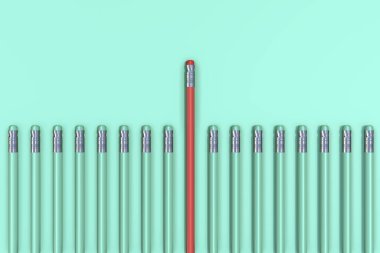 Yeşil pastel arka planda olağanüstü kırmızı kalem. Asgari İş Konsepti.