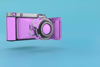 Mavi arka planda yüzen eski tip bir kamera. 3B Hazırlama.