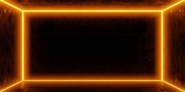 Karanlık oda ve turuncu neon duvarlar. Karanlık odada turuncu renkli ışıklar boş grunge betonu. 3d oluşturma.
