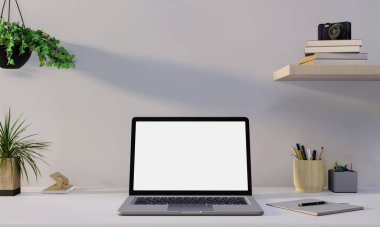 Ev ofisinin maketi, laptop ekranlı çalışma alanı, ev konseptinden çalışma.