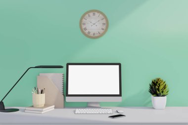 Çalışma alanını Masaüstü boş ekran ile düzenle. Merkez ofis masası ve Yeşil Duvar arkaplanı.