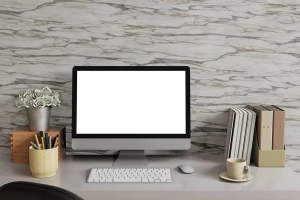 Masaüstü Bilgisayar Beyaz Ekranı Mermer Duvar Ile Çalışma Alanını Düzenle — Stok fotoğraf