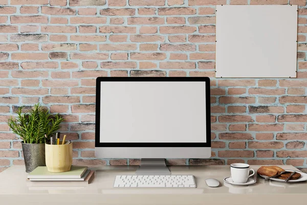 Laptop beyaz ekranlı tavan arası çalışma alanı ve masada kahve ve kahvaltı..