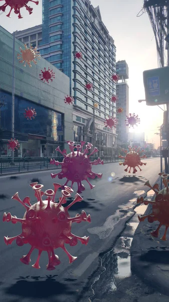 Corona virüsü şehre saldırdı. Görüntü 3B Hazırlama.
