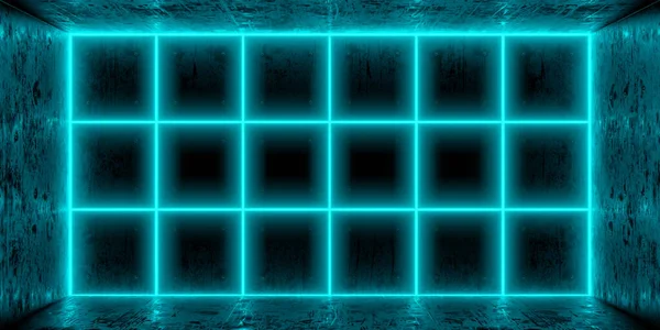 Karanlık oda ve mavi neon duvarlar. Karanlık odadaki mavi renkli ışıklar boş grunge betonu. 3d oluşturma.