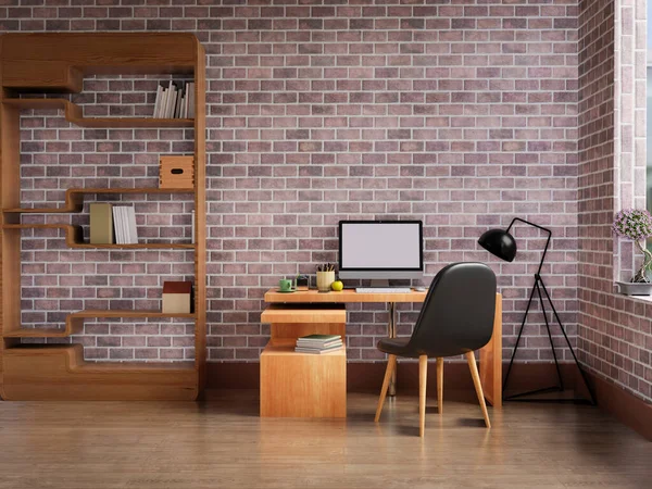 Ahşap masasında bilgisayar olan kişisel ofis çalışma alanı.