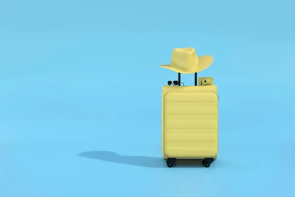 Mavi arka planda kamera ve güneş gözlüğü olan sarı bavullar. Minimum konsept. 3B Hazırlama.