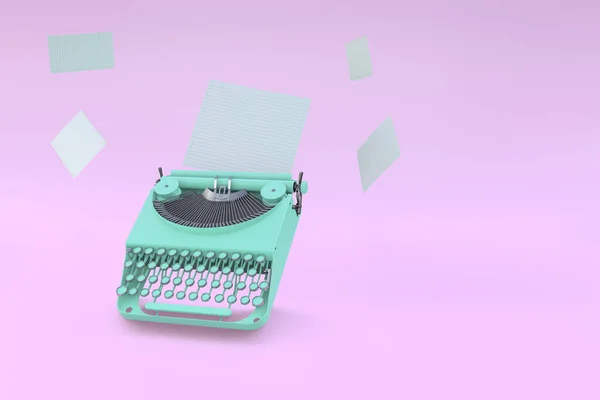 Pembe renkli arka planda yüzen yeşil daktilo ve kağıt. Asgari konsept.