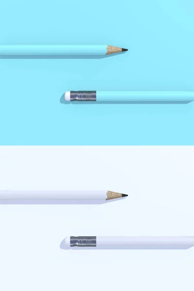 Mavi arka planda mavi kalem ve beyaz arka planda beyaz kalem. Asgari konsept.