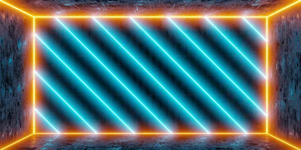 Mavi ve turuncu neon ışıkları olan kirli beton duvarlar. 3B görüntüleme