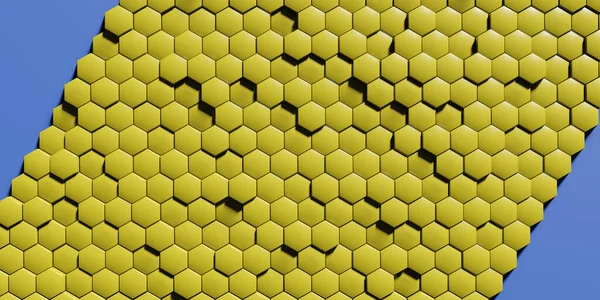 Mavi arka planda sarı geometri altıgen soyut. Yüzey altıgen deseni 3B oluşturma.