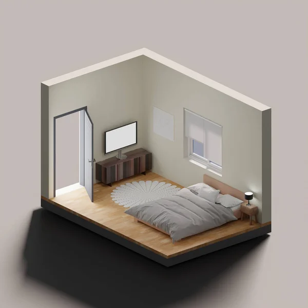 İzometrik yatak odası iç mimari 3D görüntüleme.
