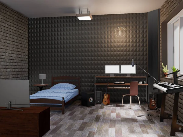 ミュージシャンのための寝室のインテリア 3Dレンダリング — ストック写真